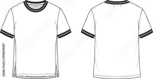 Technical fashion illustration of short-sleeved t-shirt with striped rib neckline and cuffs, visible stitching details, front and back construction views