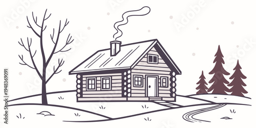 a small house with smoke coming out of the chimney in a snowy landscape Vector
