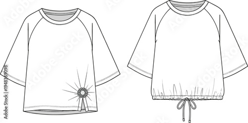 Technical fashion illustration of short-sleeved raglan tops with round necklines, rosette detail, drawstring hem variation, garment construction front and back