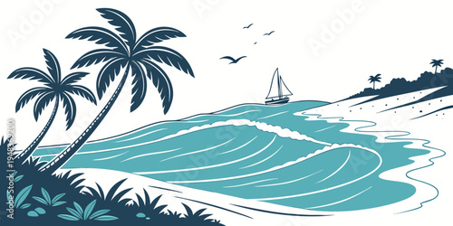 a sailboat on a beach with palm trees Vector