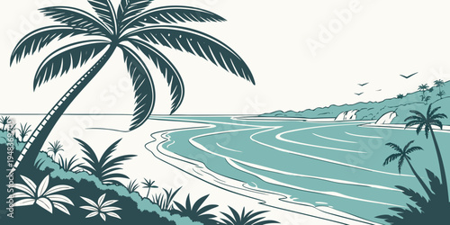 a tropical beach scene with a palm tree Vector