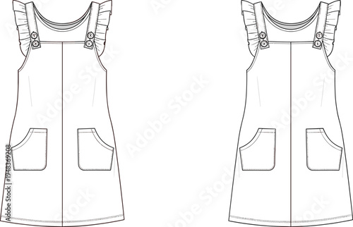 Technical fashion illustration of sleeveless dress with ruffled straps, scoop neckline, patch pockets, and layered design front and back views
