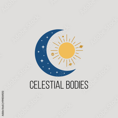 This enchanting logo illustrates the relation between celestial bodies, showcasing a sun and moon, representing balance in the universe, perfect for thematic or educational purposes.