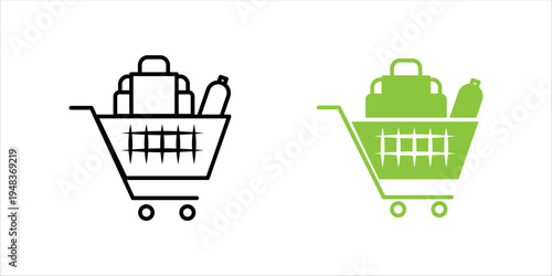 Line icon set. of shopping cart filled with groceries and products representing retail shopping, supermarket purchase, and ecommerce grocery delivery.