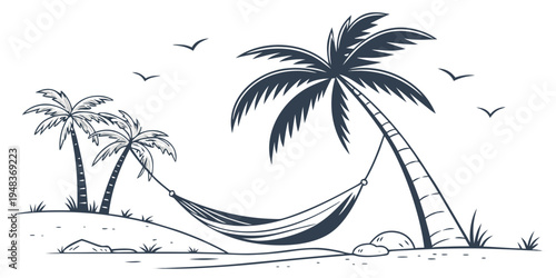 a hammock under a palm tree on a tropical beach Vector