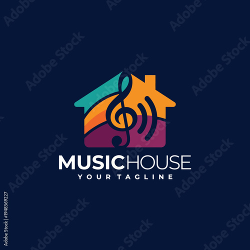 This logo creatively blends a house silhouette with musical notes, symbolizing the intersection of home and music, ideal for businesses focused on musical endeavors or education.