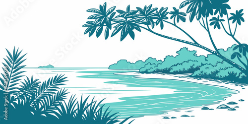 a serene tropical island with palm trees and a body of water Vector