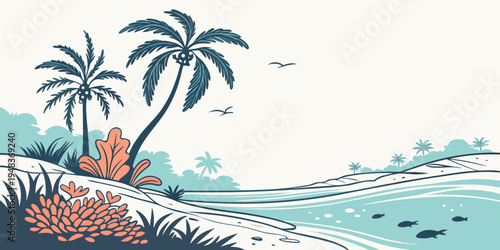 a tropical beach scene with palm trees and coral Vector