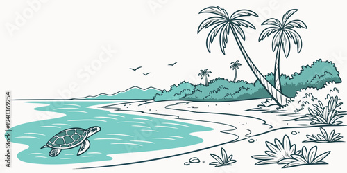 a tropical island with palm trees and a dolphin Vector