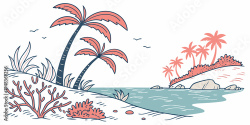 a tropical island scene with palm trees and coral Vector