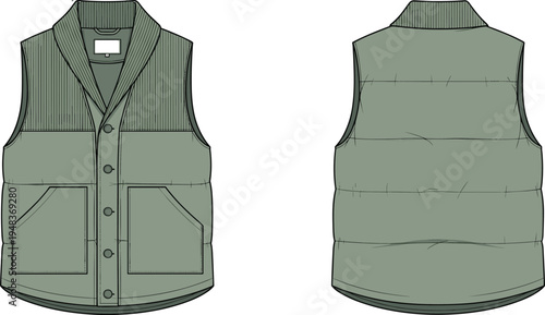 Technical fashion illustration of sleeveless vest with ribbed shawl collar, quilted back, patch pockets, and button front closure design