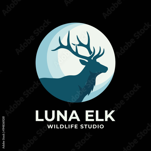 A stunning logo design featuring a stylized elk silhouette set against a moonlit backdrop, symbolizing nature's beauty and wildlife conservation in a captivating way.