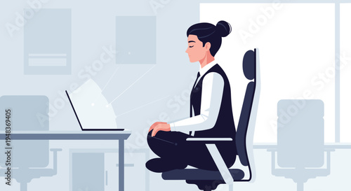 A woman meditates on an office chair in front of a laptop.