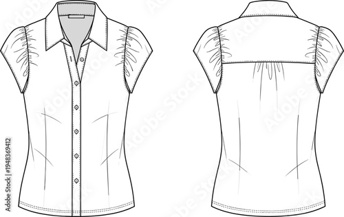 Technical fashion illustration of women’s short-sleeve blouse with pointed collar, button placket, puff sleeves, princess seams, and yoke detail