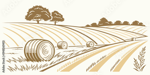 a field with hay bales and trees in the background Vector