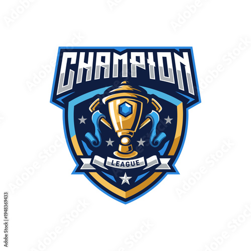 This bold and dynamic design features a trophy shield emblem, capturing the essence of competitive spirit, sportsmanship, and triumph in the world of league championships and esports.