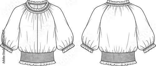 Technical fashion illustration of women’s blouse with round neckline, ruffled trim, puff sleeves, smocked waistband, and gathered fabric details