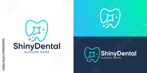 Creative modern shiny dental logo template. Simple teeth with star sparkle clean logo design vector illustration.