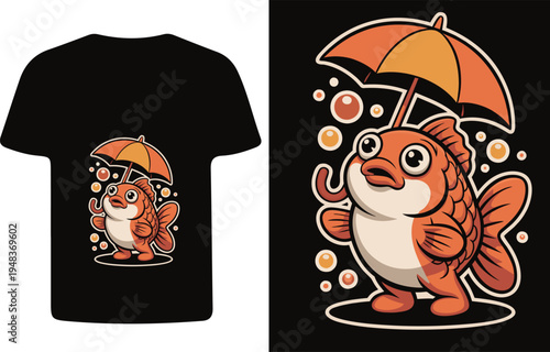 Adorable goldfish with umbrella design presented on a black t shirt mockup