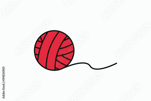 Red yarn ball vector illustration with loose thread, isolated on white. Minimalist flat icon for knitting, crochet, and handmade crafts