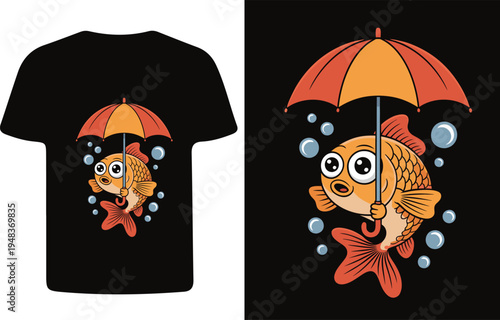 Adorable goldfish holding an umbrella design on a black t shirt