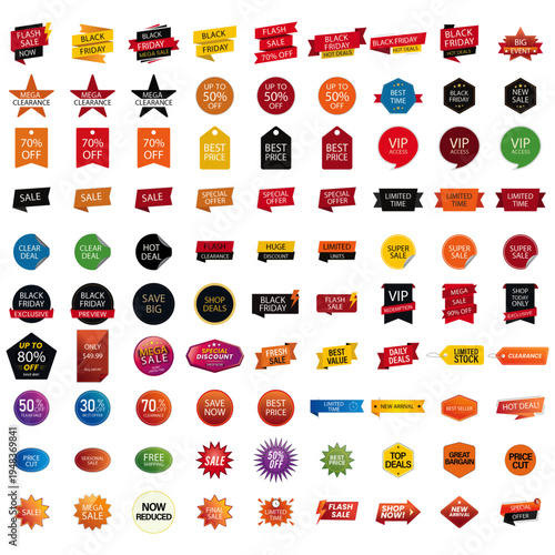 Mega Collection of Sale Badges, Discount Labels and Promotional Stickers Vector Set