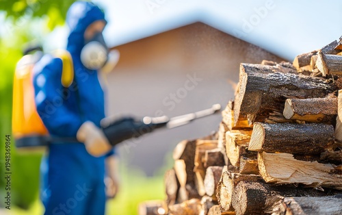 Pest Control Expert Treating Woodpile for Termite Infestation in Sunny Weather