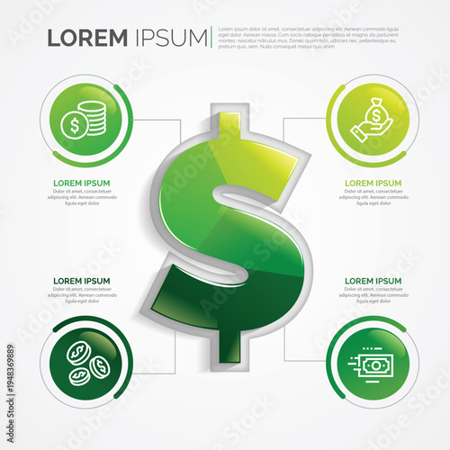 A financial infographic template with a large dollar sign and four circular icons representing different aspects of money.