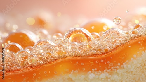Close up view of orange liquid layer with clear spheres forming a rich, bubbly surface texture