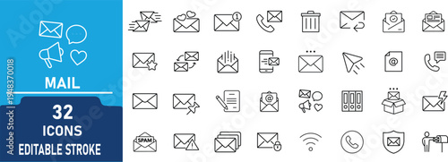 Mail and Email Communication Line Icon Set. Contain to related icons inbox, message, notification, send mail, spam, contact and messaging service. Editable stroke. Vector illustration.