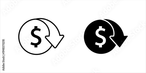 Minimal outline icon set. of dollar symbol with circular arrow representing currency exchange, money transfer, financial transaction, and exchange rate concept.