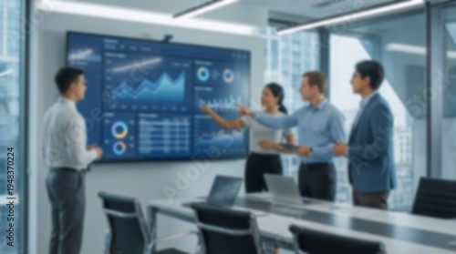 Blurred Business Team Analyzing Analytics Dashboards On Large Screen.
