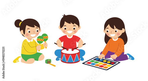 Three smiling cartoon children joyfully play musical instruments: a girl with maracas, a boy drumming, and another girl using a colorful music pad.
