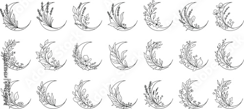 Minimalist Celestial Crescent Moon Floral Vector Set Featuring Hand Drawn Mystical Wildflowers and Leaves for Boho Astrology Tattoo Designs and Logos