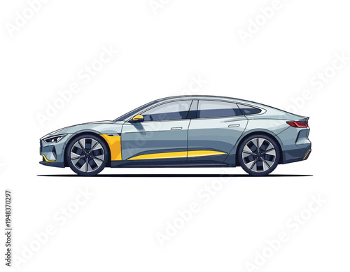 Sleek modern electric sedan illustration with yellow accents, side profile view of an aerodynamic luxury automobile design, clean vector graphic for automotive concept art
