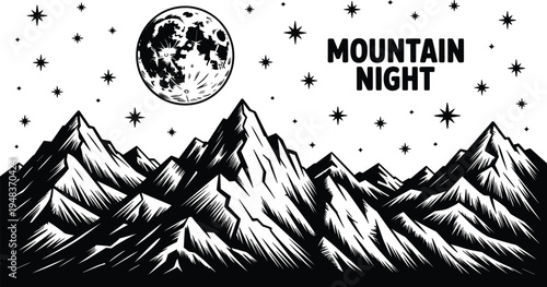 Mountain night landscape vector illustration featuring majestic peaks under a full moon and starry sky in vintage woodcut style. (19 words)