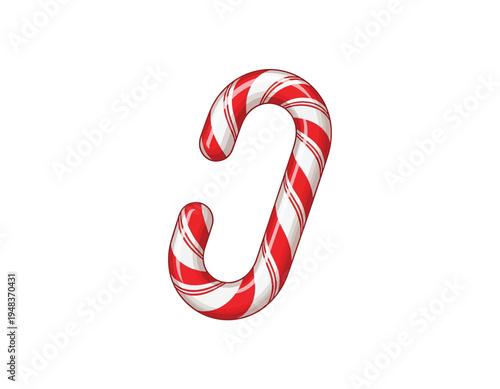 A festive red and white striped candy cane shaped like a 'J' or hook, perfect for holiday decoration and Christmas-themed designs