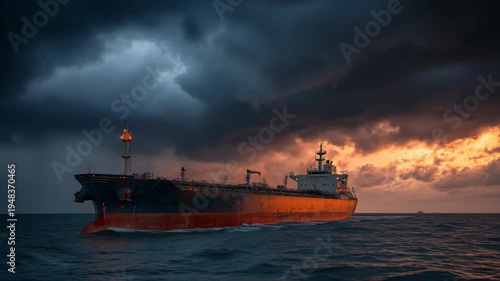 Giant oil tanker halted at sea by naval forces beneath dark storm clouds. Dramatic scene symbolizing global oil crisis, maritime control, and geopolitical tension affecting energy supply routes.