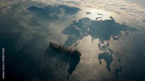 oil tanker drifting on waste ocean with shadow of world map on water surface, 