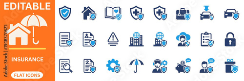 Secure insurance and safety flat icons assortment. Umbrella, shield, policy book, clipboard, family protection, globe security, secure data
