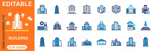 Corporate building and city architecture flat icons bundle. Office tower, industrial plant, hospital, university, store, residential home
