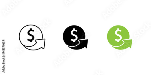 Line icon set. illustration of dollar coin with arrow representing financial transactions, digital payments, money transfer, and online banking operations.
