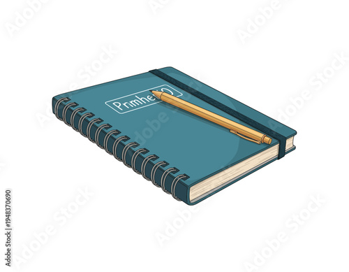 A closed cyan notebook with a spiral binding and a golden pen resting on top, isolated on a white background, showcasing a simple and elegant writing tool