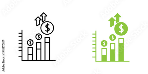 Minimal line icon set. of increasing bar chart with dollar symbols and upward arrows representing financial growth, profit increase, and business success.
