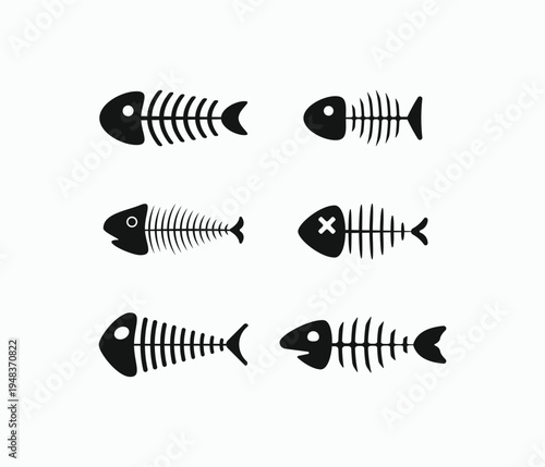 Six fish skeletons arranged in rows. Simple black outlines on light background. Each bone structure clearly defined and stylized. No facial expression, no human presence. Ideal for design, medical
