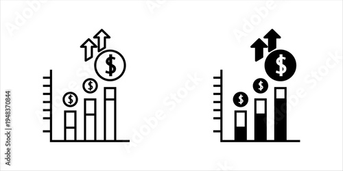 Minimal line icon set. of increasing bar chart with dollar symbols and upward arrows representing financial growth, profit increase, and business success.