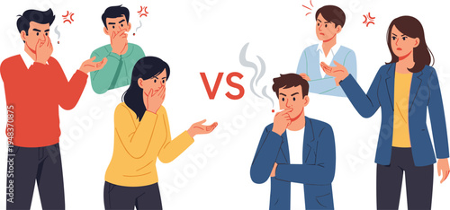 Angry non-smokers coughing and covering noses due to passive smoking, people complaining about cigarette smoke at workplace or public area, flat vector illustration isolated on white