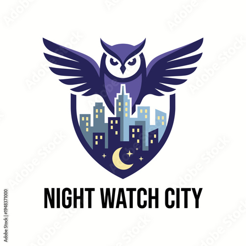 A majestic owl with outstretched wings watches over a city skyline at night, symbolizing protection and vigilance in a vibrant urban environment illuminated by moonlight.