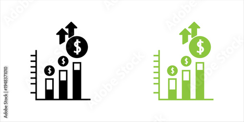 Minimal line icon set. of increasing bar chart with dollar symbols and upward arrows representing financial growth, profit increase, and business success.