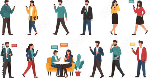 Collection of diverse people using smartphones and mobile devices for communication and business, flat vector illustration set isolated on white background
